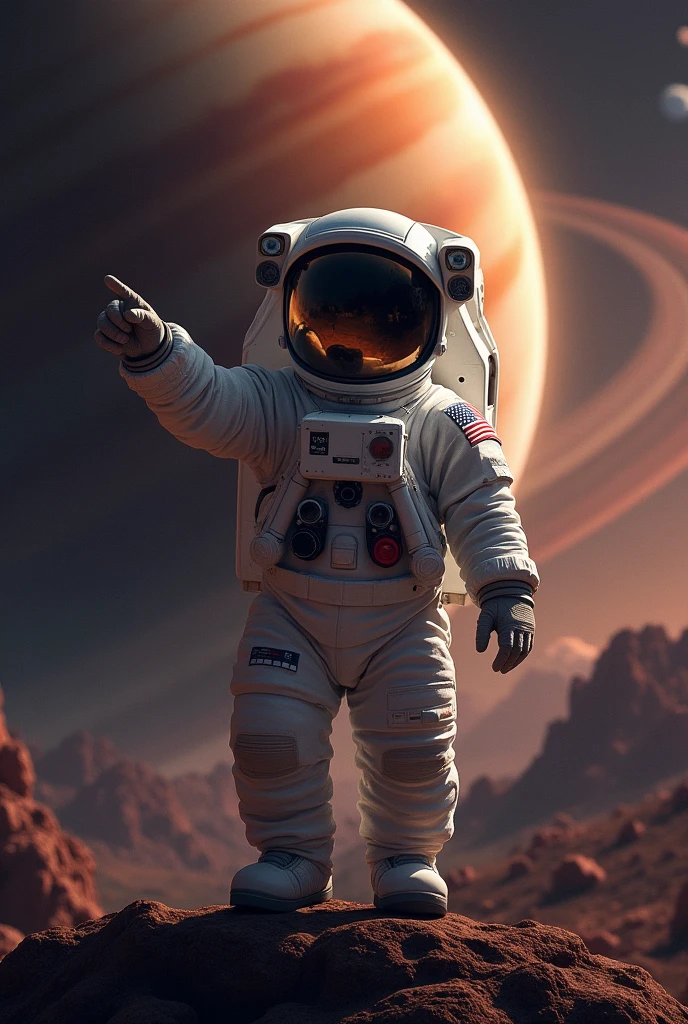 Baby astronaut pointing at Saturn 
