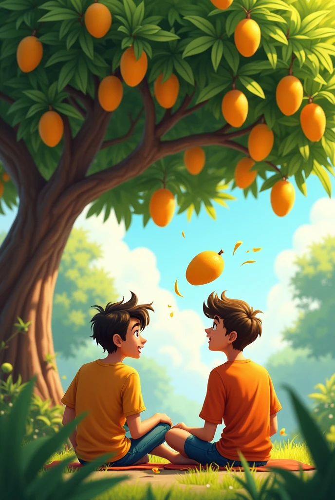 2 friends are sitting under a ripe mango tree and a mango from the tree falls on one friend's head