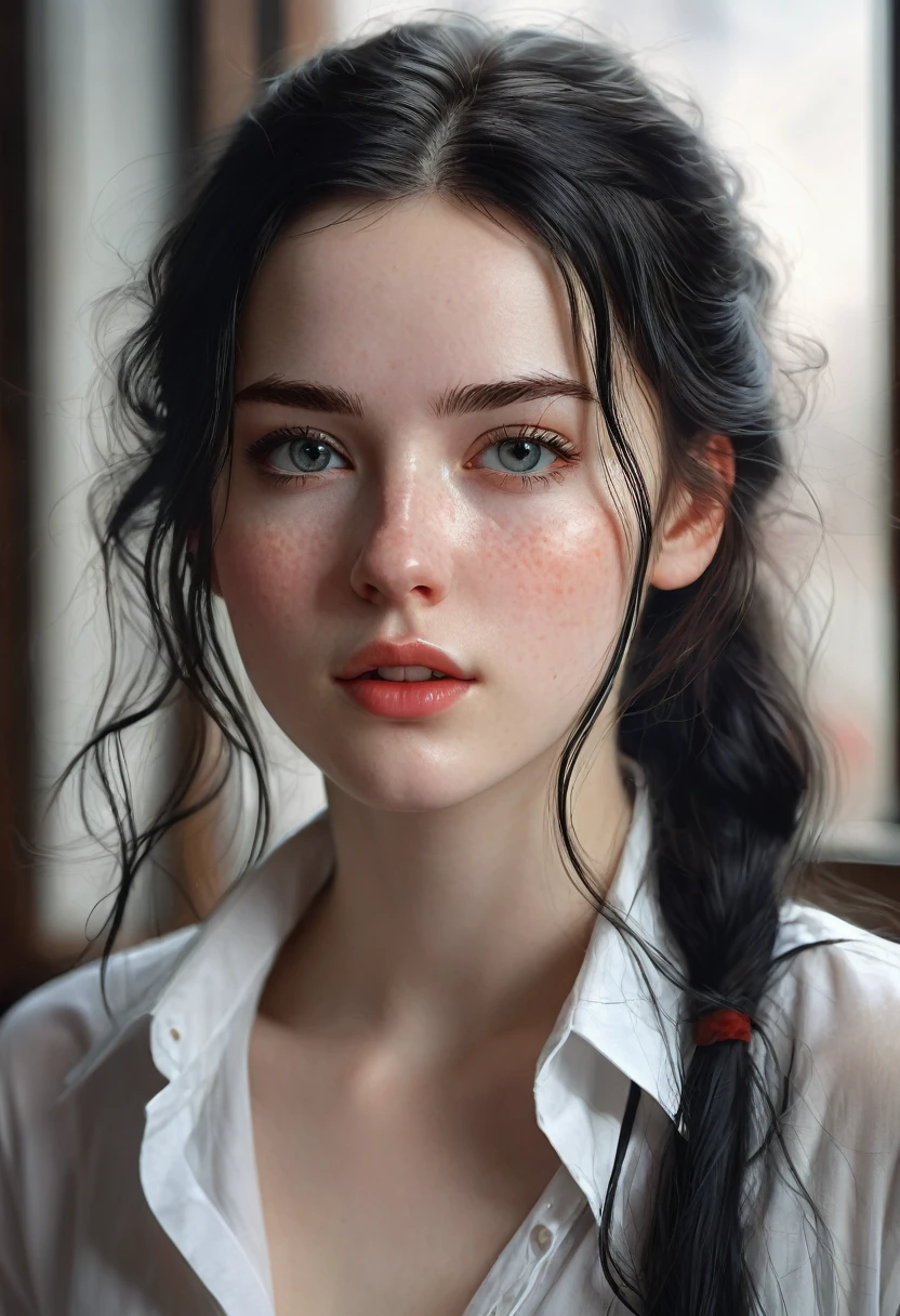 closeup of a Breathtaking hot school girl wearing a unbuttoned tight white shirt with long black dynamic hair , pale skin, perfect skin, black eyeliner , long eyelashes, soft skin, slight freckles, defined cheek bones, high cheek bones, soft round face, cheery, blushing, magic mist, digital painting,  digital illustration,  extreme detail,  digital art,  4k,  ultra hd, Anna Dittmann, greg rutkowski, alyssa monks, hyperrealism, trending on artstation, by Egon Schiele, gustave dore, david mann, vintage photography,  beautiful,  tumblr aesthetic,  hd photography,  hyperrealism