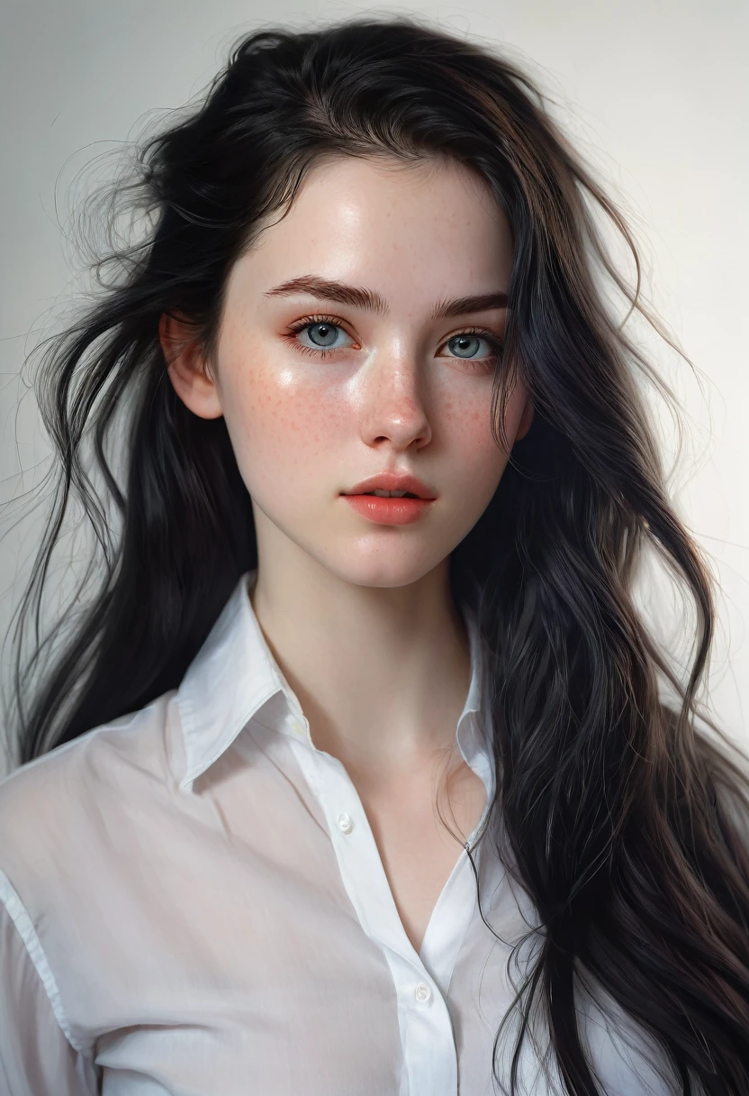 closeup of a Breathtaking hot school girl wearing a unbuttoned shirt with long black dynamic hair , pale skin, perfect skin, black eyeliner , long eyelashes, soft skin, slight freckles, defined cheek bones, high cheek bones, soft round face, cheery, blushing, magic mist, digital painting, digital illustration, extreme detail, digital art, 4k, ultra hd, Anna Dittmann, greg rutkowski, alyssa monks, hypelism, trending on artstation, by Egon Schiele, gustave dore, david mann, vintage photography, beautiful, tumblr aesthetic, hd photography, hyperrealism