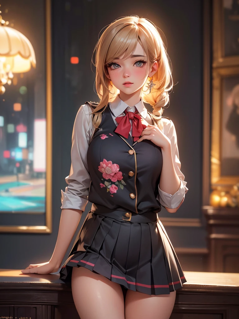 a beautiful school girl, 1girl, blushing, raising her skirt, panty visible, buttocks, detailed face, detailed eyes, detailed lips, long eyelashes, intricate uniform, pleated skirt, thighs, (best quality,4k,8k,highres,masterpiece:1.2),ultra-detailed,(realistic,photorealistic,photo-realistic:1.37),HDR,UHD,studio lighting,ultra-fine painting,sharp focus,physically-based rendering,extreme detail description,professional,vivid colors,bokeh,photorealistic,elegant,cute,charming