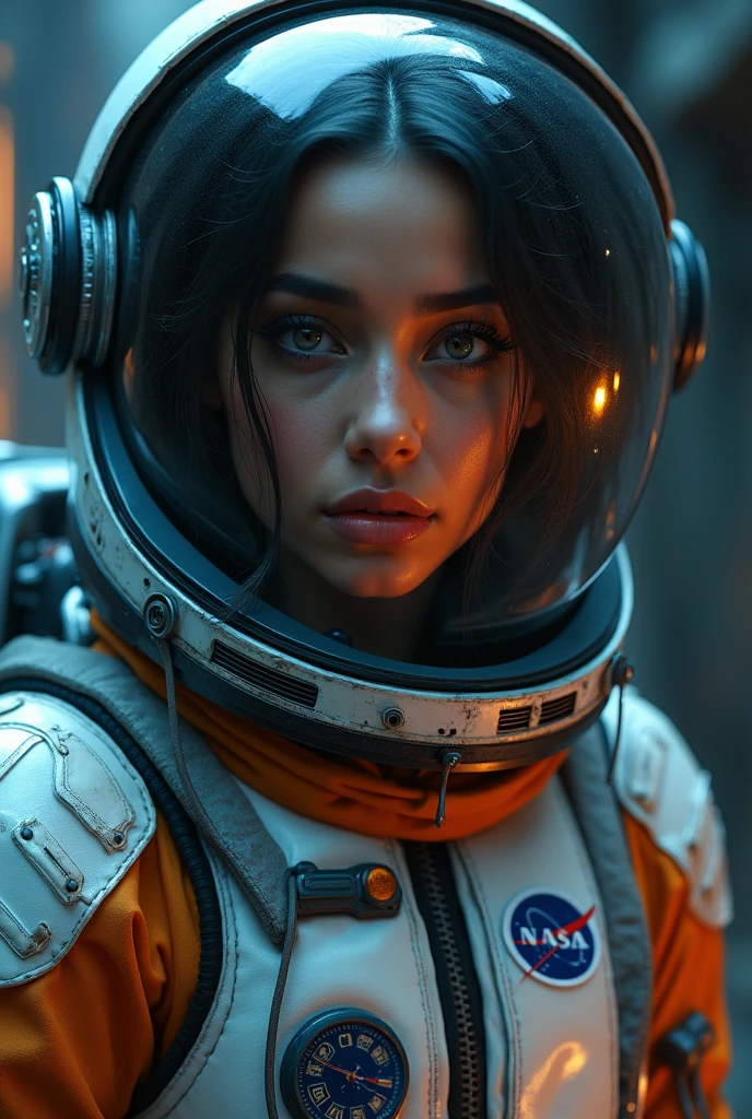 beautiful detailed eyes, beautiful detailed lips, extremely detailed eyes and face, long eyelashes, 1 woman, Arabian Moroccan woman, height 170 cm, weight 70 kg, medium body size, standing, NASA space suit, photorealistic, in other planet, advanced technology, futuristic environment, dramatic lighting, vivid colors, cinematic composition, intricate details, masterpiece, dark, full body view
