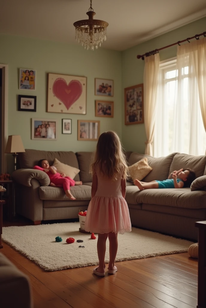 A cozy living room, decorated with family photographs and a calendar marking the date of a girl&#39;s birthday. 
