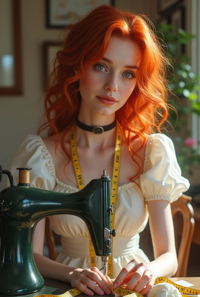 A white redhead woman sitting next to a sewing machine, with a tape measure hanging around his neck in the shape of a funko