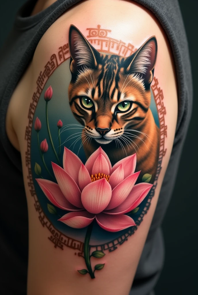 Tattoo of a lotus flower and a lead Egyptian Mau cat