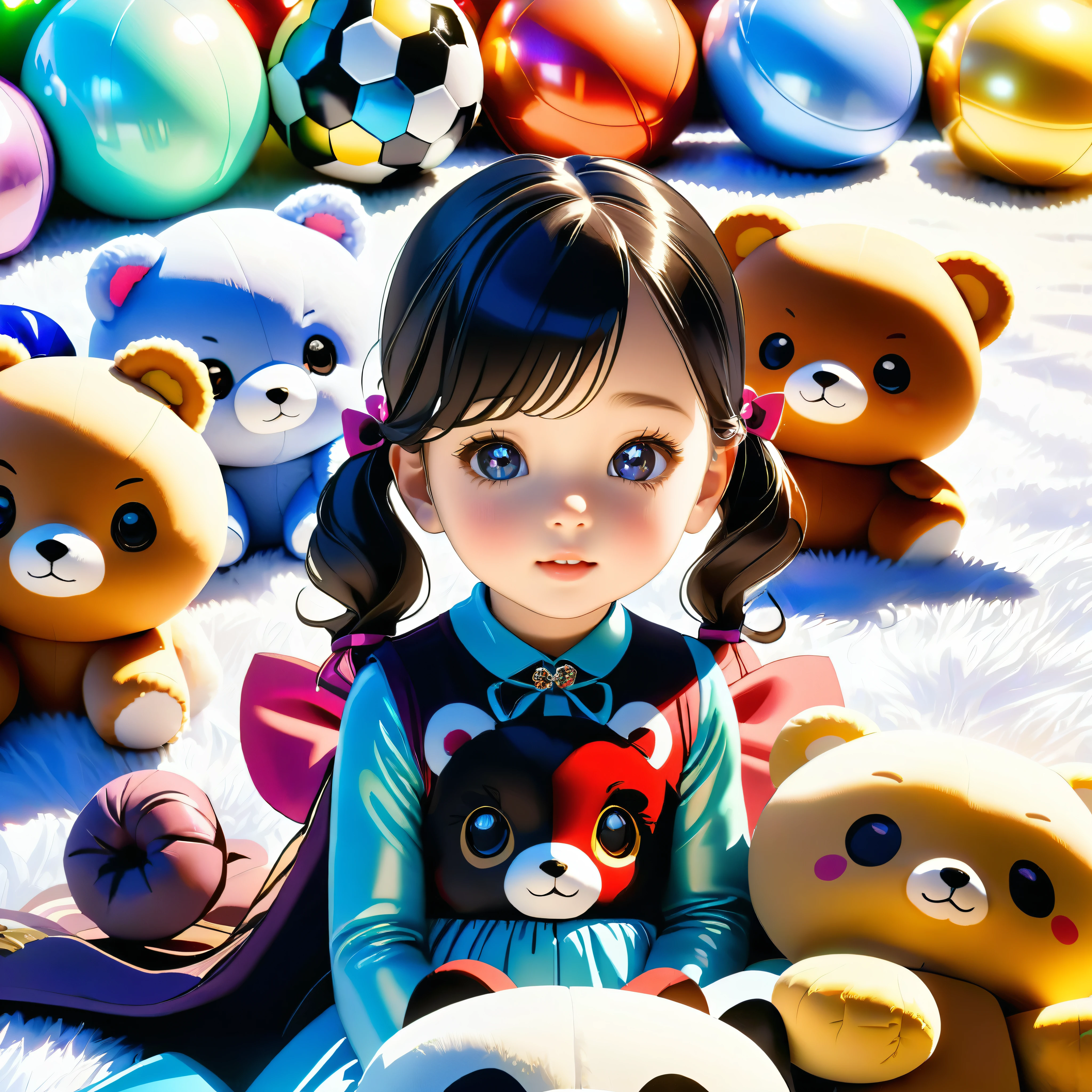 A unparalleled 6-year-old girl holds a stuffed animal, Sit in a room full of toys, cabelos preto e longos, cheerfulness, Rejoice, Perfect quality, Clear focus(Clutter - home:0.8), (insane tmasterpiece:1.2) (insane realisticlying:1.2) (Bokeh) (insane best qualtiy) (detailedskin:1.3) (complexdetails) (32K) (detailedeyes) (insane Sharp focus), (having fun)closeup cleavage, Luminism, cinematic lighting, wide shot, retina, textured skin, anatomically correct, best quality, award winning, ambient light, cinematic, highly detailed, professional complimentary colors, romantic, beautiful, lovely, breathtaking --v 6 --s 1000 --c 20 --q 500 --chaos 100