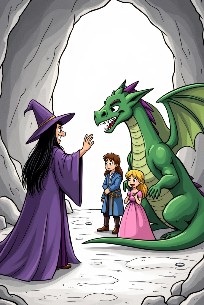 A scene in a cave with an evil witch in a purple dress and black hair casting a spell on a brown-haired prince and a blonde-haired princess in a pink dress, but there is a good green dragon that opened its beautiful wings to protect the princess and the prince from the witch's spell. Black and white image style, cartoonized minimalist, hand drawing line, for coloring