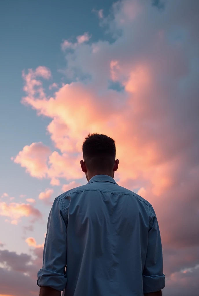 man in shirt, standing, camera views from below, dynamic sky, vibrant, megistic clouds