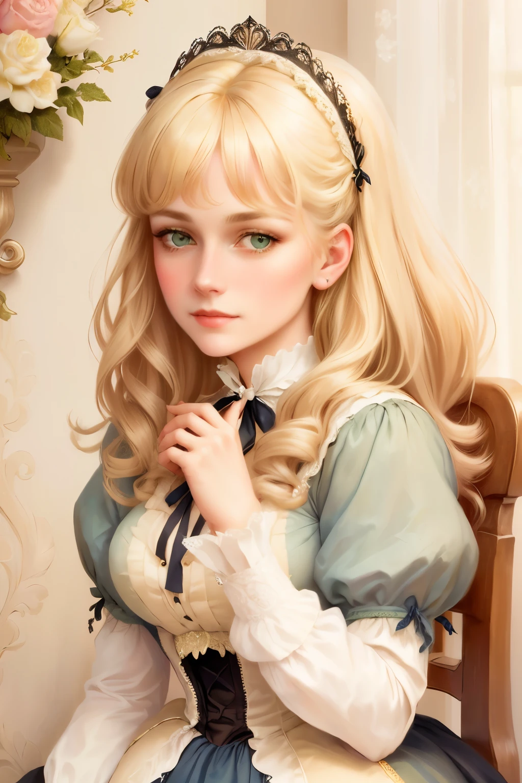 Lady Georgie Gerald, 1887, blond hair, green eyes. Victorian style.
