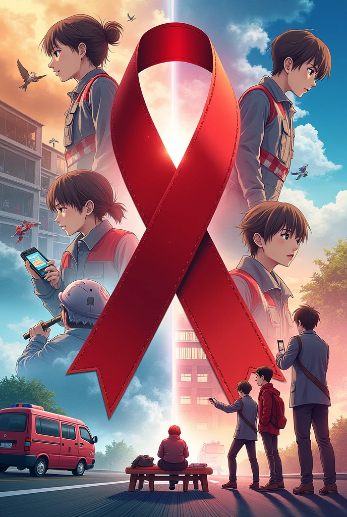 I need a poster about red ribbon club with various pics related to rescue works and blood donations with other duties of red ribbon club in English 