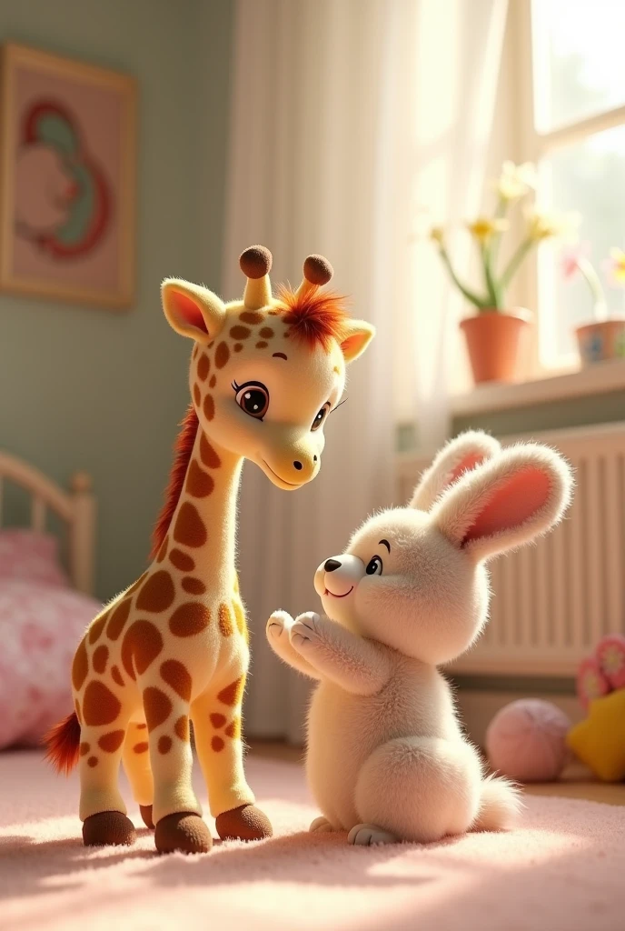 Sophie Girafe mixes with a plush rabbit