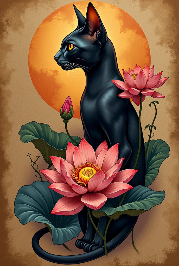 Tattoo of a lotus flower and a lead-colored Egyptian Mau cat