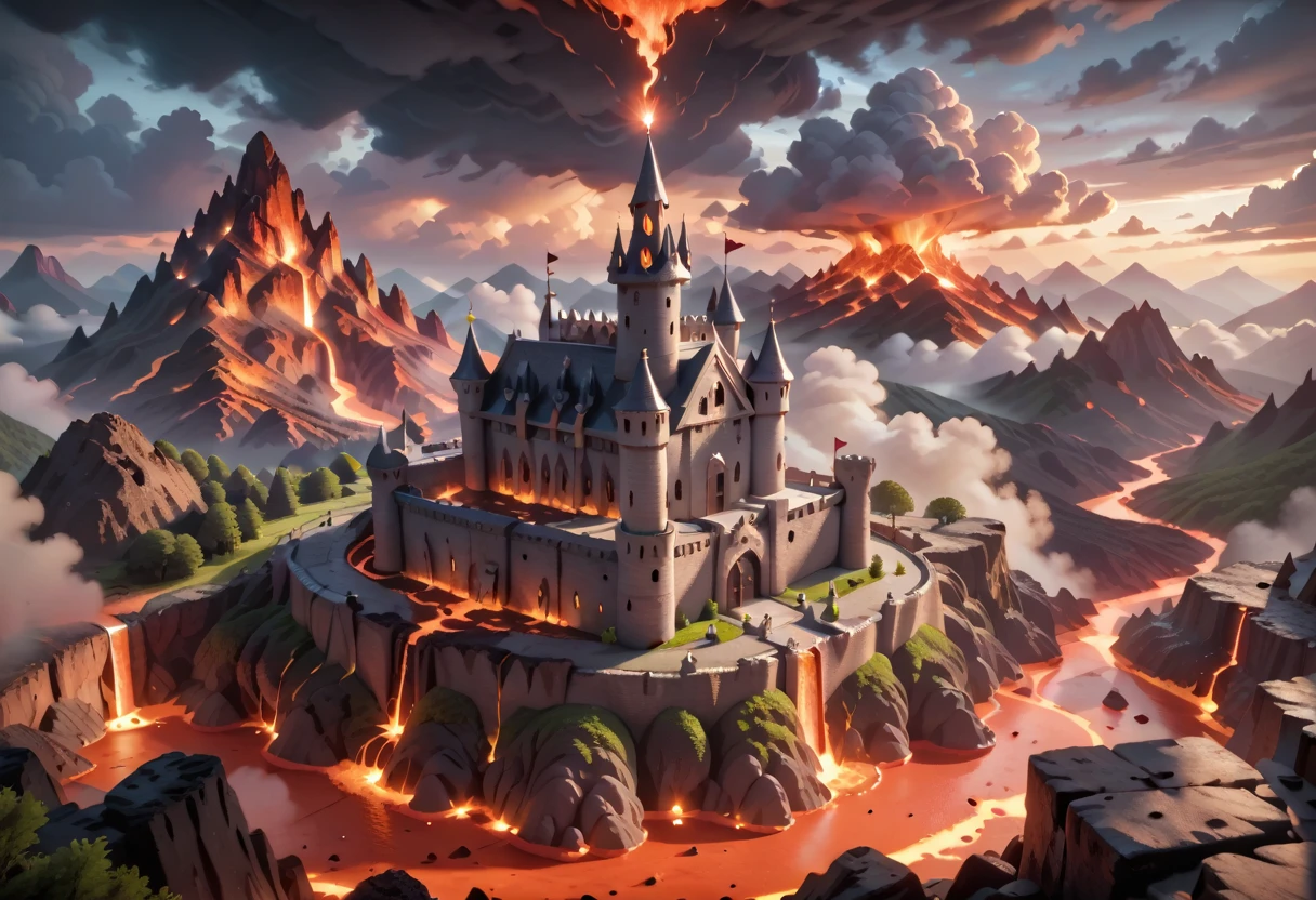 bird's eye view, medieval castle, evil castle, volcano, lava, thunder, cloudy, dark skies, masterpiece quality, ultra HD, 4K, best quality