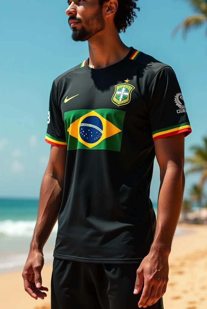 An all-black team shirt with the Maranhão flag on the chest, a beach badge on the side of the blouse and on the sleeve details with the color of the reggae flag.