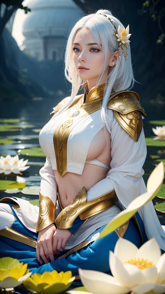 Woman with white hair and blue highlights, blue right eye and amber left eye, lotus in hair, dressed, in white, golden armour, , meditation pose, floating on a large lotus flower 4k