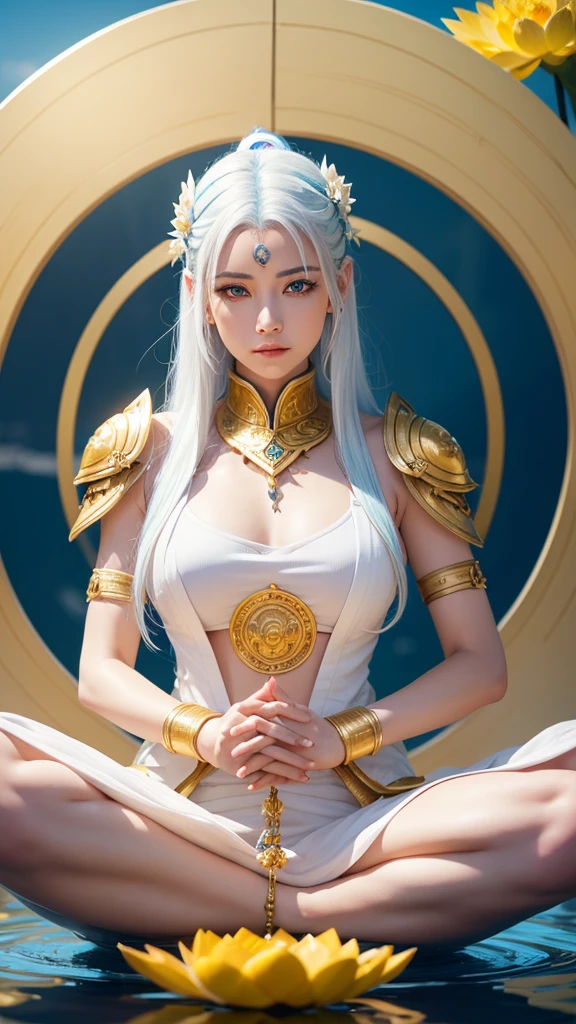 Woman with white hair and blue highlights, blue right eye and amber left eye, lotus in hair, dressed, in white, golden armour, , meditation pose, floating on a large lotus flower 4k