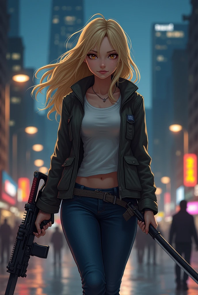 a blonde girl, gorda, eyes browns, Dressed in comfortable clothes, holding a katana in one hand and a powerful firearm in the other, walking safely with a city with skyscrapers in the background at night.