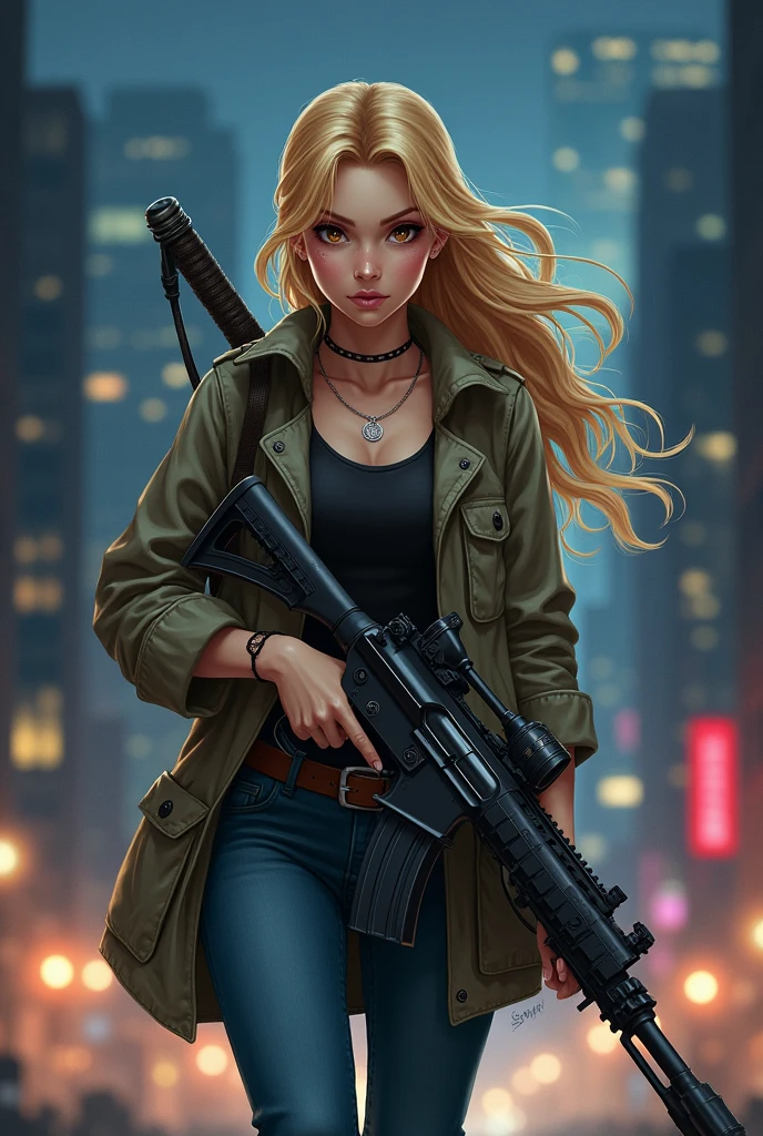 a blonde girl, gorda, eyes browns, Dressed in comfortable clothes, holding a katana in one hand and a powerful firearm in the other, walking safely with a city with skyscrapers in the background at night.