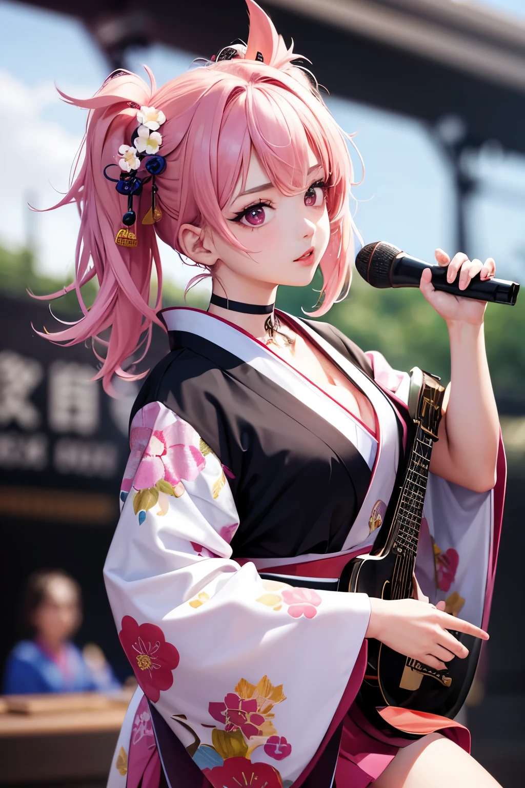 masterpiece, best quality, very detailed, high resolution, expensive resolution, high resolution, 4K, 8k, Unity 8k wallpaper, highly detailed CG, masterpiece, 2D, 3D, beautiful details, depth, fine texture, best quality: 1.3, perfect focus, crispy skin, he,
Very cute anime girl, girl playing guitar vocals in a band wearing a Japanese fancy floral haori hakama, on outdoor stage, full body, expensive pink twin tail hair, mole under eye, looking at the viewer, expensive, blush, mole, lips open, , heart choker, pink eyes, guitar vocals, stage