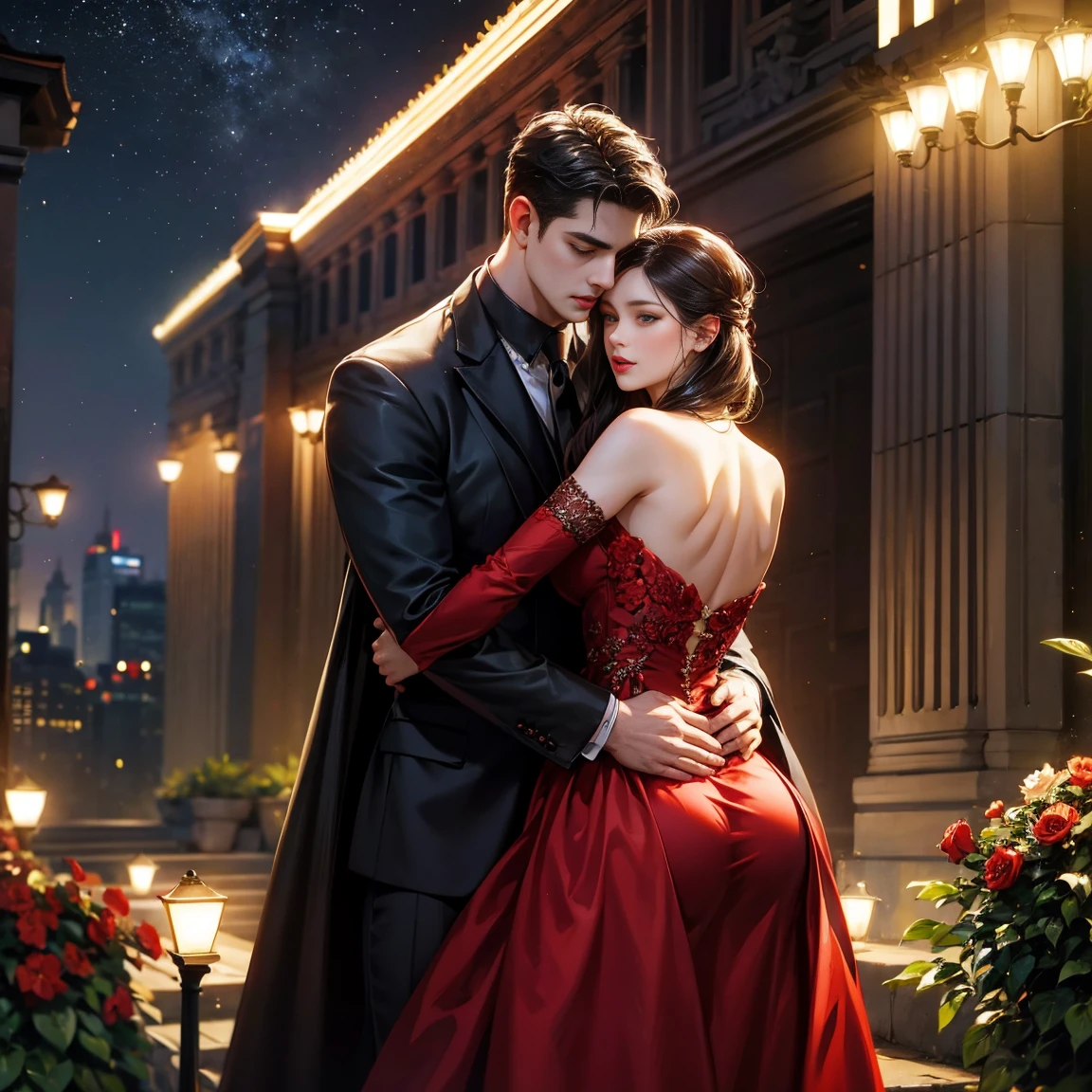 Night Flower Garden,A woman in a red evening dress,Long, straight, dark brown hair. ,Couple hugging from behind,Short black hair for,handsome,A young woman with long, wavy black hair,black dress,footpath ,The lights are dim.,Half body 4k,35 year old man ,Strong, broad chested ,Big one,Taller men,Not full.