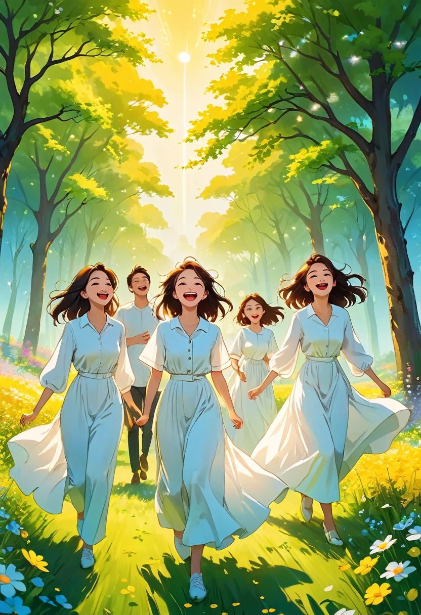 A group of people wearing beautiful white clothes, with happy and cheerful faces, are having fun together in a beautiful green land with colorful trees and beautiful flowers, a dim yellow light is emitted from it, and the sky is completely clear blue. 