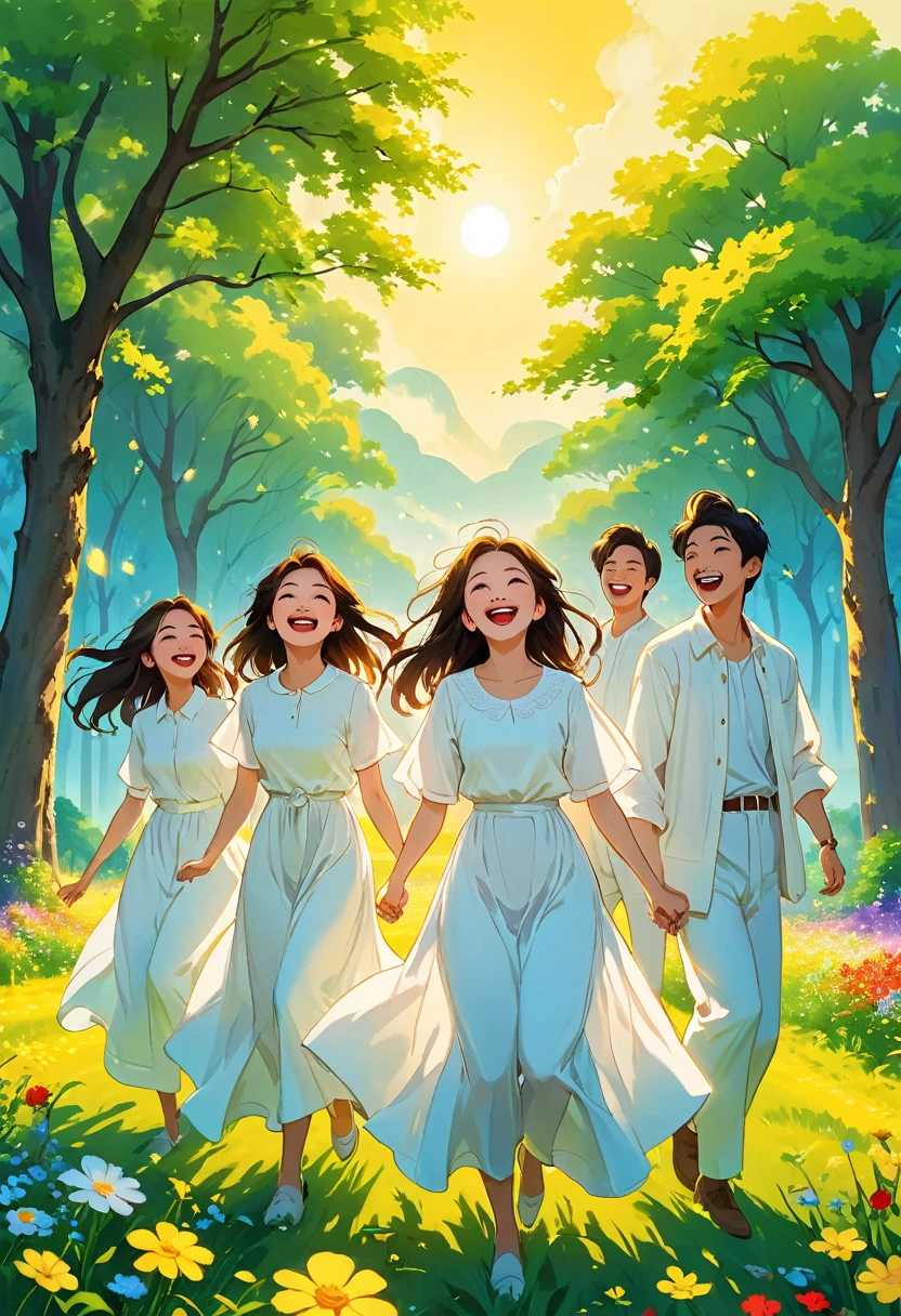 A group of people wearing beautiful white clothes, with happy and cheerful faces, are having fun together in a beautiful green land with colorful trees and beautiful flowers, a dim yellow light is emitted from it, and the sky is completely clear blue.