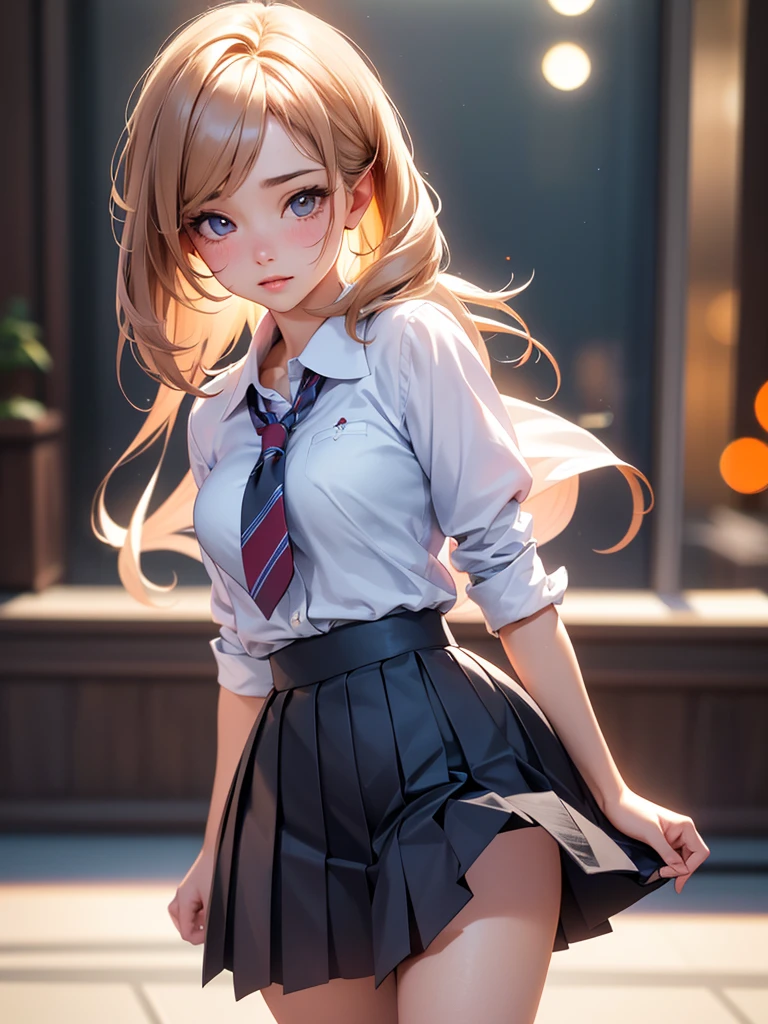 a beautiful school girl, 1girl, blushing, raising her skirt, panty visible, buttocks, detailed face, detailed eyes, detailed lips, long eyelashes, intricate uniform, pleated skirt, thighs, (best quality,4k,8k,highres,masterpiece:1.2),ultra-detailed,(realistic,photorealistic,photo-realistic:1.37),HDR,UHD,studio lighting,ultra-fine painting,sharp focus,physically-based rendering,extreme detail description,professional,vivid colors,bokeh,photorealistic,elegant,cute,charming