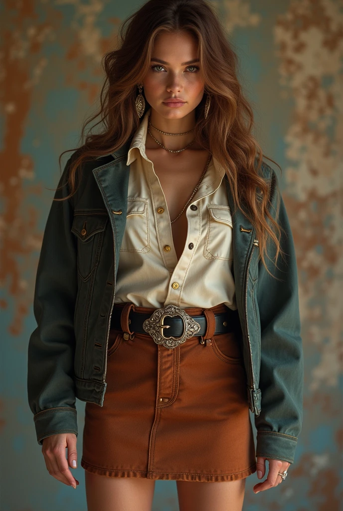 Cool Cowgirl, blouse, Jacket, Cross Belt, mini skirt, Knee-high boots, Absurd, Very delicate and beautiful, masterpiece, Highest quality, Ultra-high resolution, 32K,Very detailed, Detailed Description, 20-year-old,Earrings,Wavy Hair, Full Body Shot,