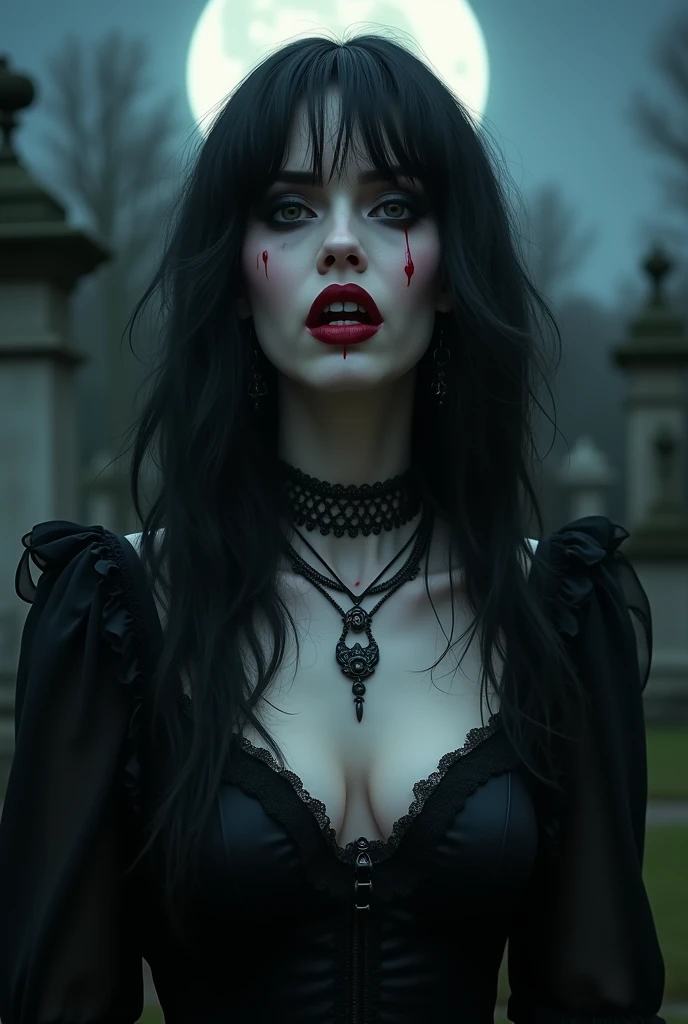 dark gothic vampire woman, witch, pale skin, black hair, open dark red lips, blood on lips,sharp fangs, open cleavage, seductive expression, gothic dress, dramatic lighting, chiaroscuro, dramatic shadows, highly detailed, cinematic, moody, dark cemetery, full moon, dramatic contrast, ultra-detailled, 8k, hyper-realistic, intricate details,jambes écartées, ongles longs noirs