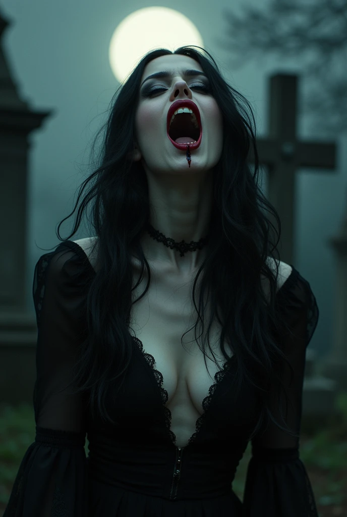 dark gothic vampire woman, witch, pale skin, black hair,  open dark red lips, blood on lips,sharp fangs, open cleavage, seductive expression, gothic dress, dramatic lighting, chiaroscuro, dramatic shadows, highly detailed, cinematic, moody, dark cemetery, full moon, dramatic contrast, ultra-detailled, 8k, hyper-realistic, intricate details,jambes écartées, ongles longs noirs 