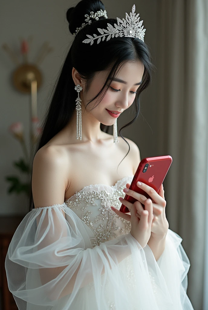 "A beautiful femina girl stands gracefully in a flowing fully covered white net gown, dress covered from neck And a wale on left side shoulder adorned with a delicate small white stone crown perched on her head. Left hand holds a red color phone near her chest area showing backside of phone and right hand towards down side .Her long black hair cascades elegantly around her shoulders. She wears long heavy white stone earrings that glimmer softly. Her head is cast downward, her eyes is also cast downwards and she smiles gently, her lips touched with a subtle brown light lipstick, radiating a serene and captivating charm."