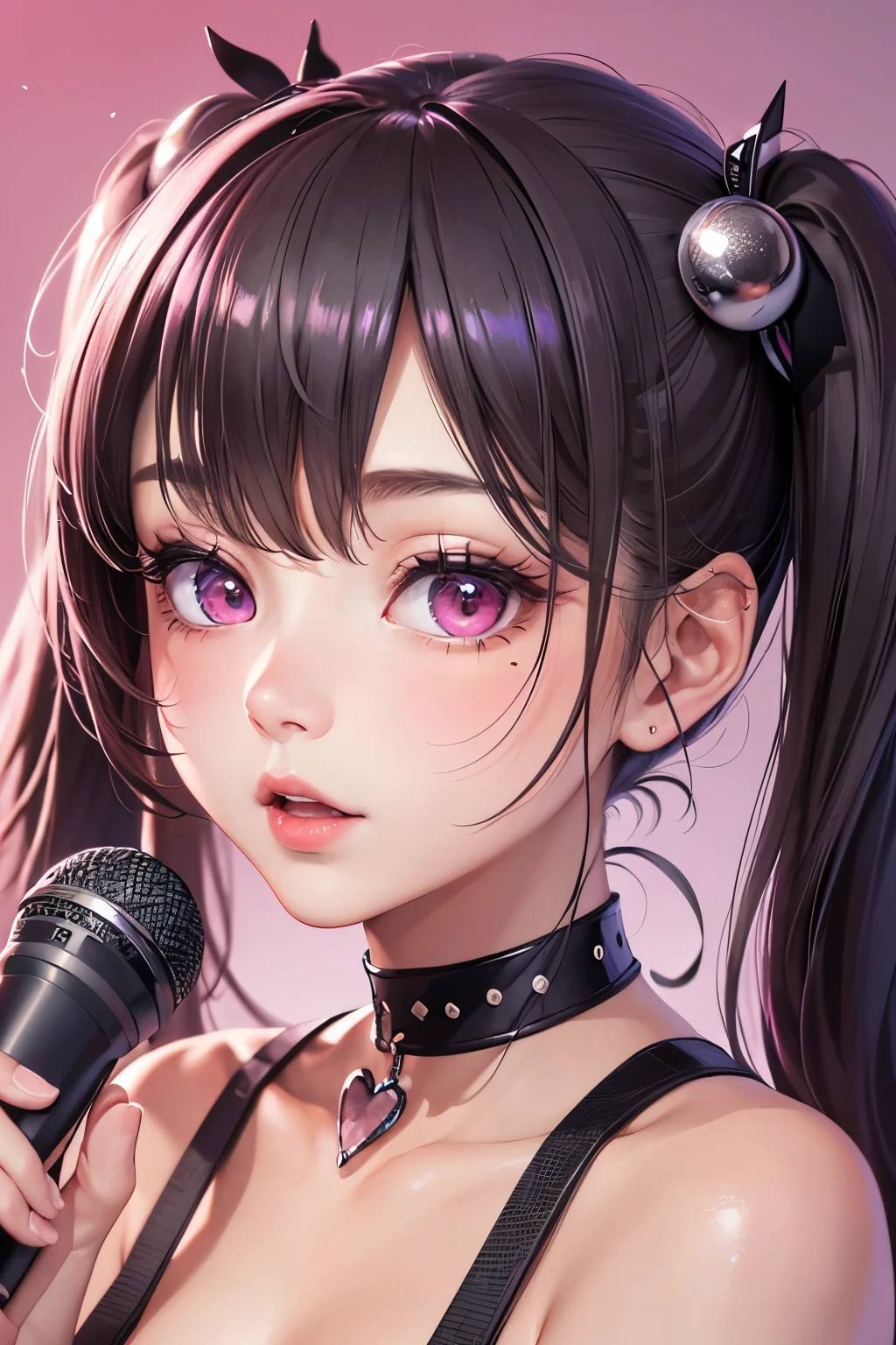 masterpiece, best quality, highly detailed, high resolution, expensive resolution, high resolution, 4K, 8k, Unity 8k wallpaper, highly detailed CG, masterpiece, 2D, 3D, beautiful details, depth, fine texture, best quality: 1.3, perfect focus, crisp skin, him, very cute, 20s girl, idol, holding a microphone and singing, short twin tails, mole under eye, looking at the viewer, expensive, blush, mole, open lips, heart shaped choker, pink eyes