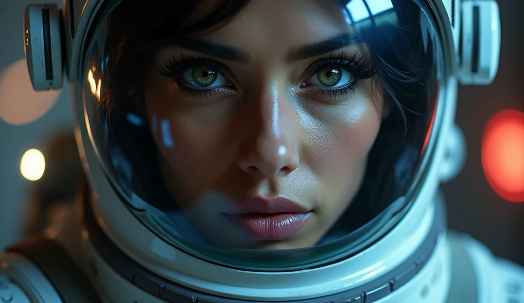 beautiful detailed eyes, beautiful detailed lips, extremely detailed eyes and face, long eyelashes, 1 woman, Arabian Moroccan woman, height 170 cm, weight 70 kg, medium body size, standing, NASA space suit, photorealistic, in other planet, advanced technology, futuristic environment, dramatic lighting, vivid colors, cinematic composition, intricate details, masterpiece, dark, full body view