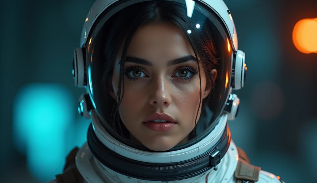 beautiful detailed eyes, beautiful detailed lips, extremely detailed eyes and face, long eyelashes, 1 woman, Arabian Moroccan woman, height 170 cm, weight 70 kg, medium body size, standing, NASA space suit, photorealistic, in other planet, advanced technology, futuristic environment, dramatic lighting, vivid colors, cinematic composition, intricate details, masterpiece, dark, full body view