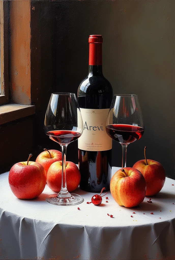 There is a bottle of red wine on the table、Apples and peaches, Serviettes et verres à vin, window lighting , rideaux de fond, nature morte, impasto painting , Deep dark background,wine label on white, Le nom du vin est "Arevi"