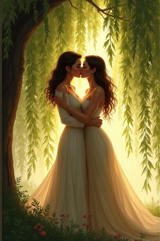 Colin Morgan and Katie McGrath sharing a kiss underneath a willow tree, hugging each other tightly.
