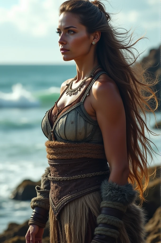 Viking woman long hair tanned skin hazel eyes water background