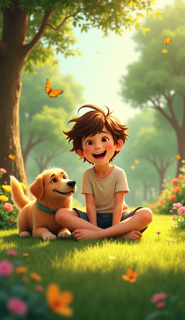 Create an image of a young boy hanging out in a lush, vibrant garden with his dog. The boy, around 8 years old, has tousled brown hair and wears a simple T-shirt and shorts. He's sitting cross-legged on the soft, green grass, laughing as he plays with his energetic dog, a golden retriever. The garden is filled with colorful flowers, tall trees providing shade, and a few butterflies fluttering around. The sunlight filters through the leaves, casting a warm, golden glow over the peaceful scene.