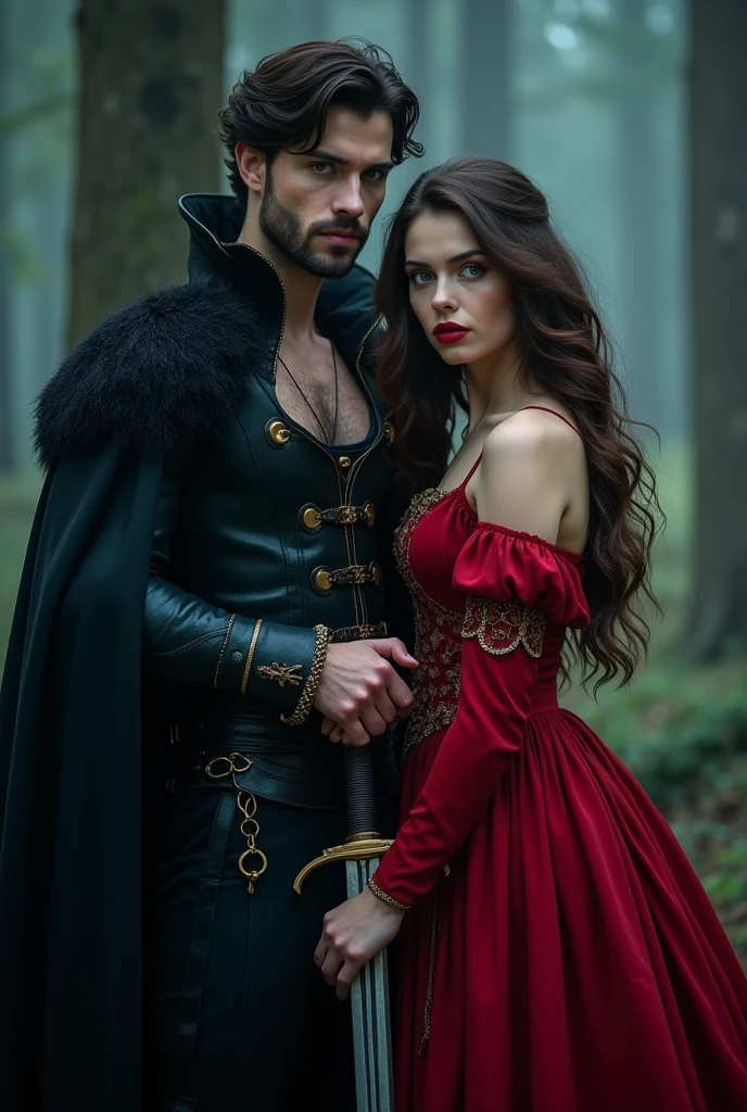 Two people in a dark but magical forest, at night. A man with dark brown hair and greyish blue eyes wearing a black cape with gold details and a black corset, protects a woman with brown hair and fine features, blue-eyed with a red dress and red lips, holding a dagger. Both facing forward, Youths. The man is holding a sword and the woman looks like Barbara Palvin. The man looks like Michael Yerger , Michael Yerger and he is a little older, has a beard 