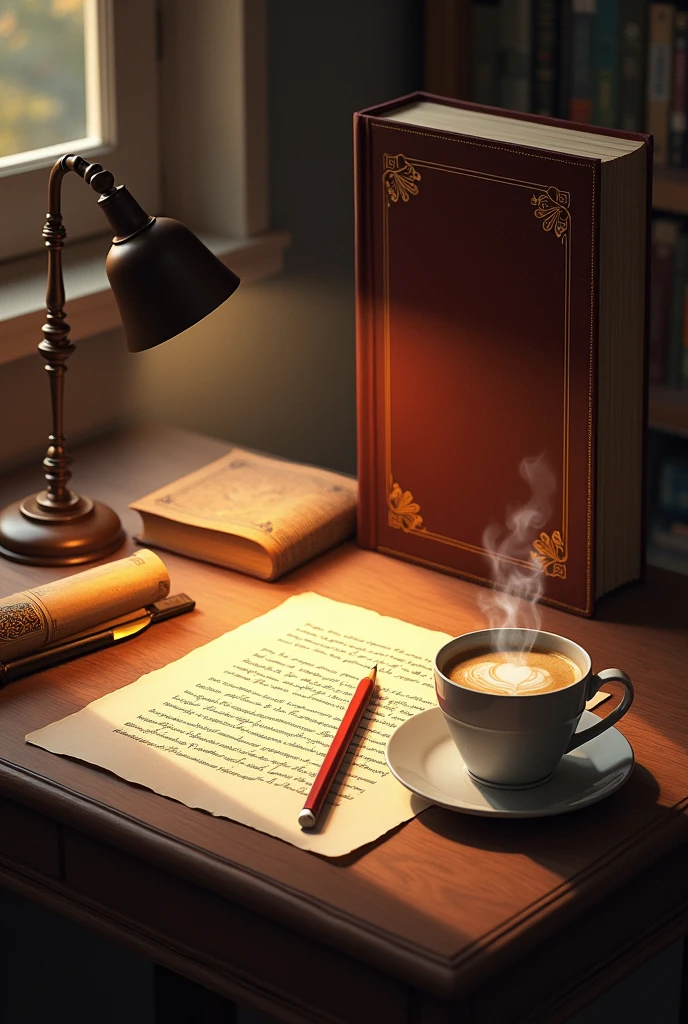 Image where there is a table, books, paper, pencil, coffee, lamp or a large book standing
