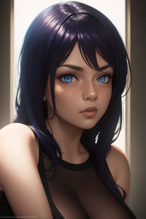 plump woman with freckles and blue eyes in front of a wall, cinematic realistic portrait, 8k portrait rendering, realistic face moody lighting, cyberpunk art ultrarealistic 8k, hyper-realistic cyberpunk style, soft portrait photographed in 8k, Realistic 8k digital art, cyberpunk style , hyper realist, 4k realistic digital art, 4k realistic digital art, アニメ