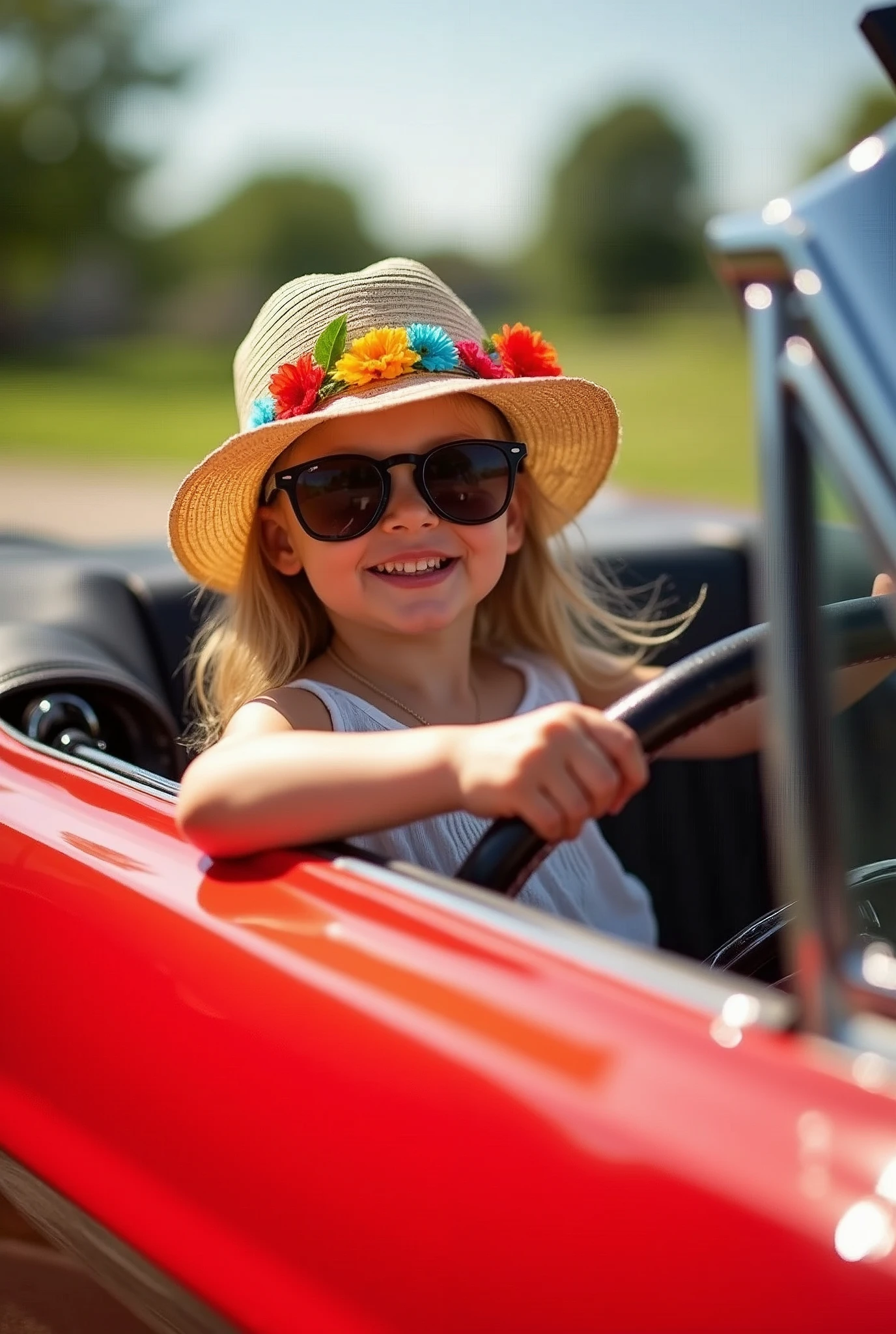 A cute  sits confidently in a vibrant red Mustang, her tiny hands gripping the steering wheel as she beams with delight. She wears a floppy sun hat adorned with colorful flowers, paired with oversized sunglasses that slip down her nose. The sun glistens off the polished paint of the car, and the soft breeze rustles her hair as if inviting her to drive off into a world of adventure. The scene captures a perfect blend of innocence and imagination, as she dreams of the open road ahead.