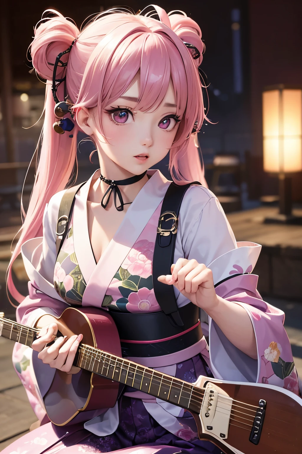 masterpiece, best quality, very detailed, high resolution, expensive resolution, high resolution, 4K, 8k, Unity 8k wallpaper, highly detailed CG, masterpiece, 2D, 3D, beautiful details, depth, fine texture, best quality: 1.3, perfect focus, crispy skin, he,
Very cute anime girl, girl playing guitar vocals in a band wearing a Japanese fancy floral haori hakama, on outdoor stage, full body, expensive pink twin tail hair, mole under eye, looking at the viewer, expensive, blush, mole, lips open, , heart choker, pink eyes, guitar vocals, stage