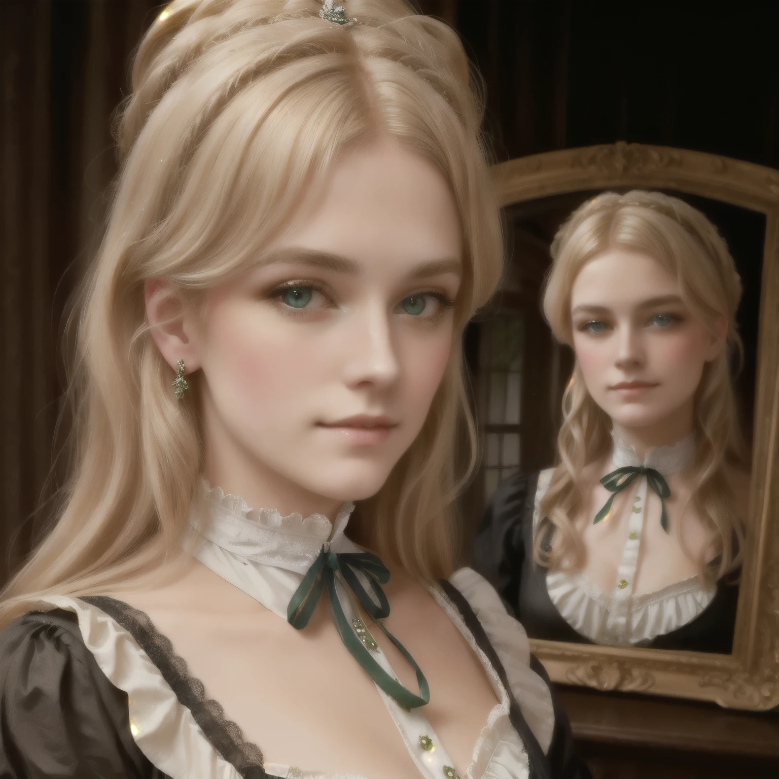 Lady Georgie Gerald, 1887, blond hair, green eyes. Victorian style.