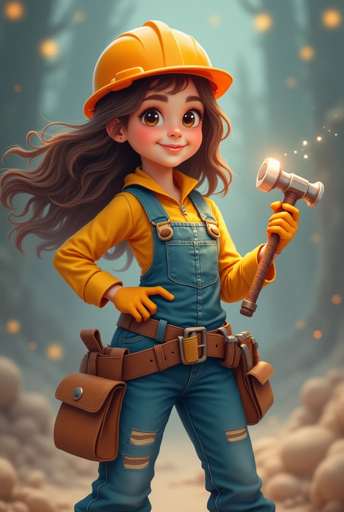 Magical girl in construction uniform holding a magic hammer and tool belt