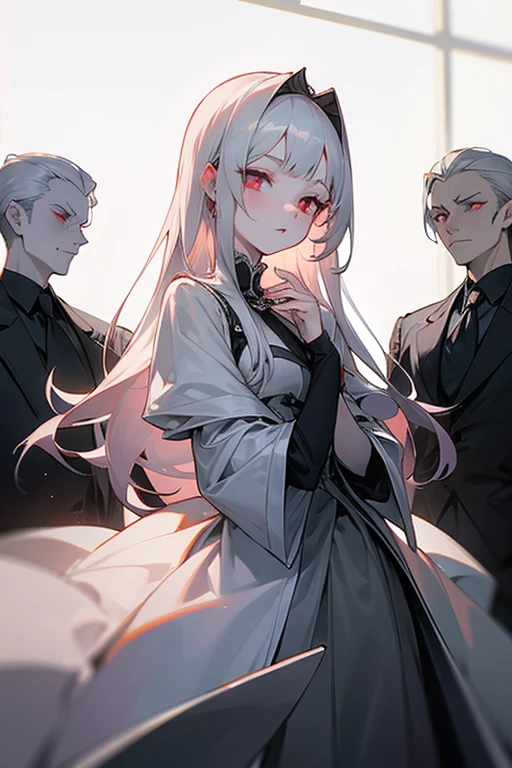 a concubine of the emperor, 19 years, silver hair, crimson eyes, Pale skin, Grey dress, elegant, the most popular girl in school, a little cold, distant with the boys