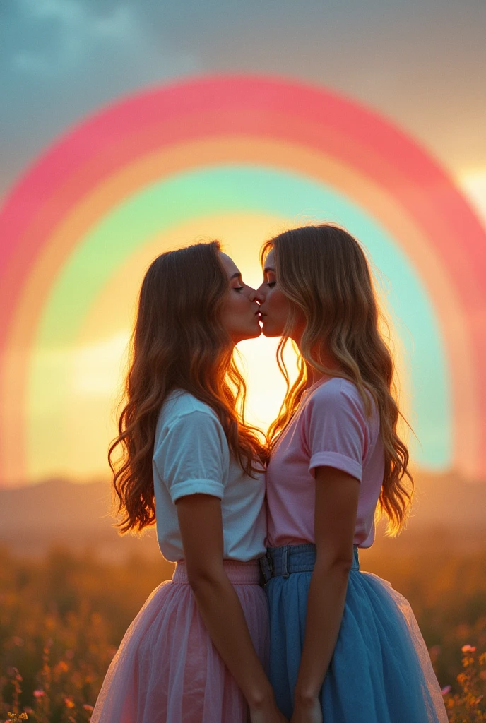 Two girls kissing on the rainbow