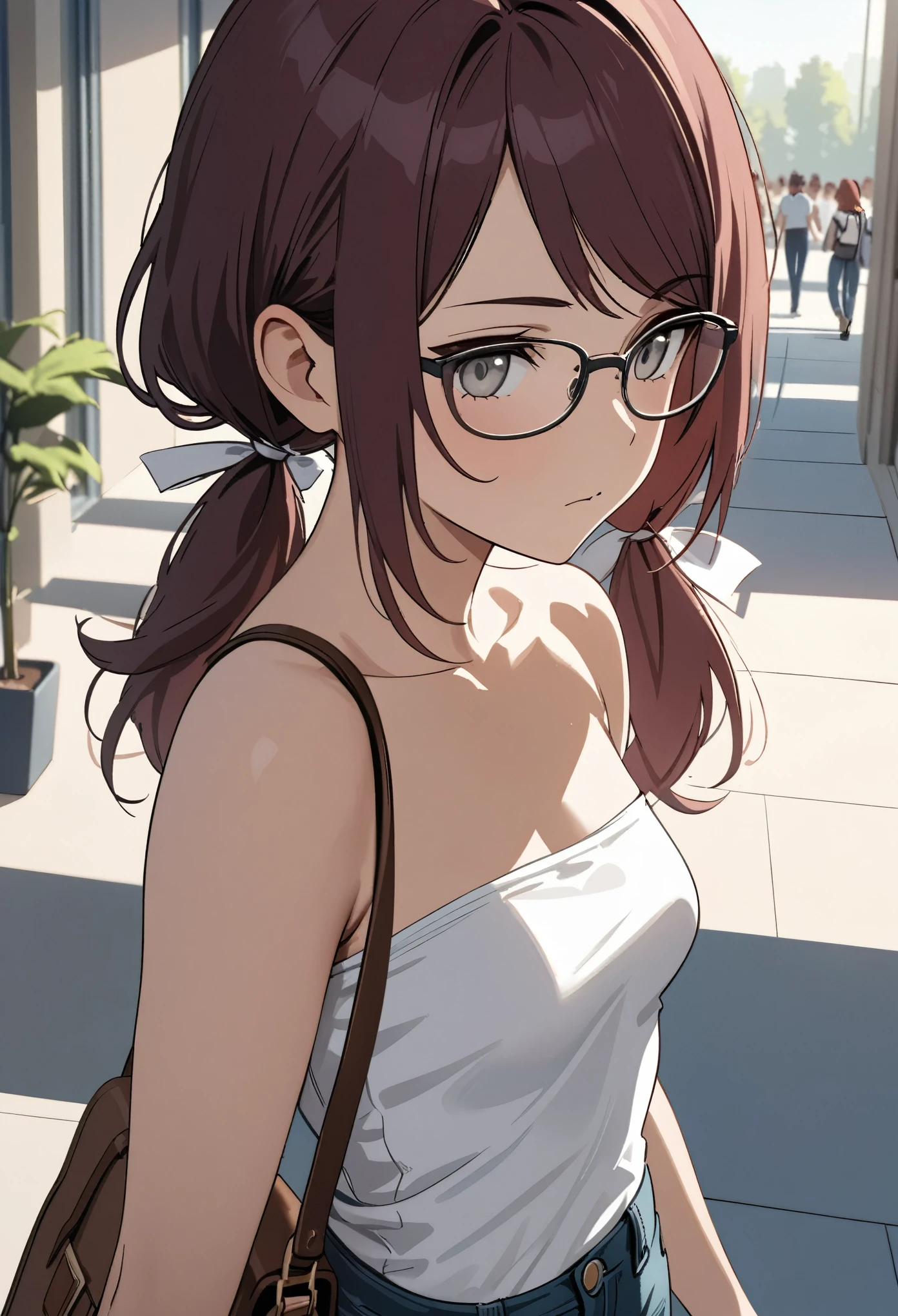 best quality, masterpiece, stoic, satchel, upper body, close up, Gray eyes, dark red hair, swept bangs, low twin tails, white ribbons, strapless white shirt, glasses, jeans, small breasts, toned arms, hallway, college campus, steps, teal lockers, shadows, potted plants, people in background,