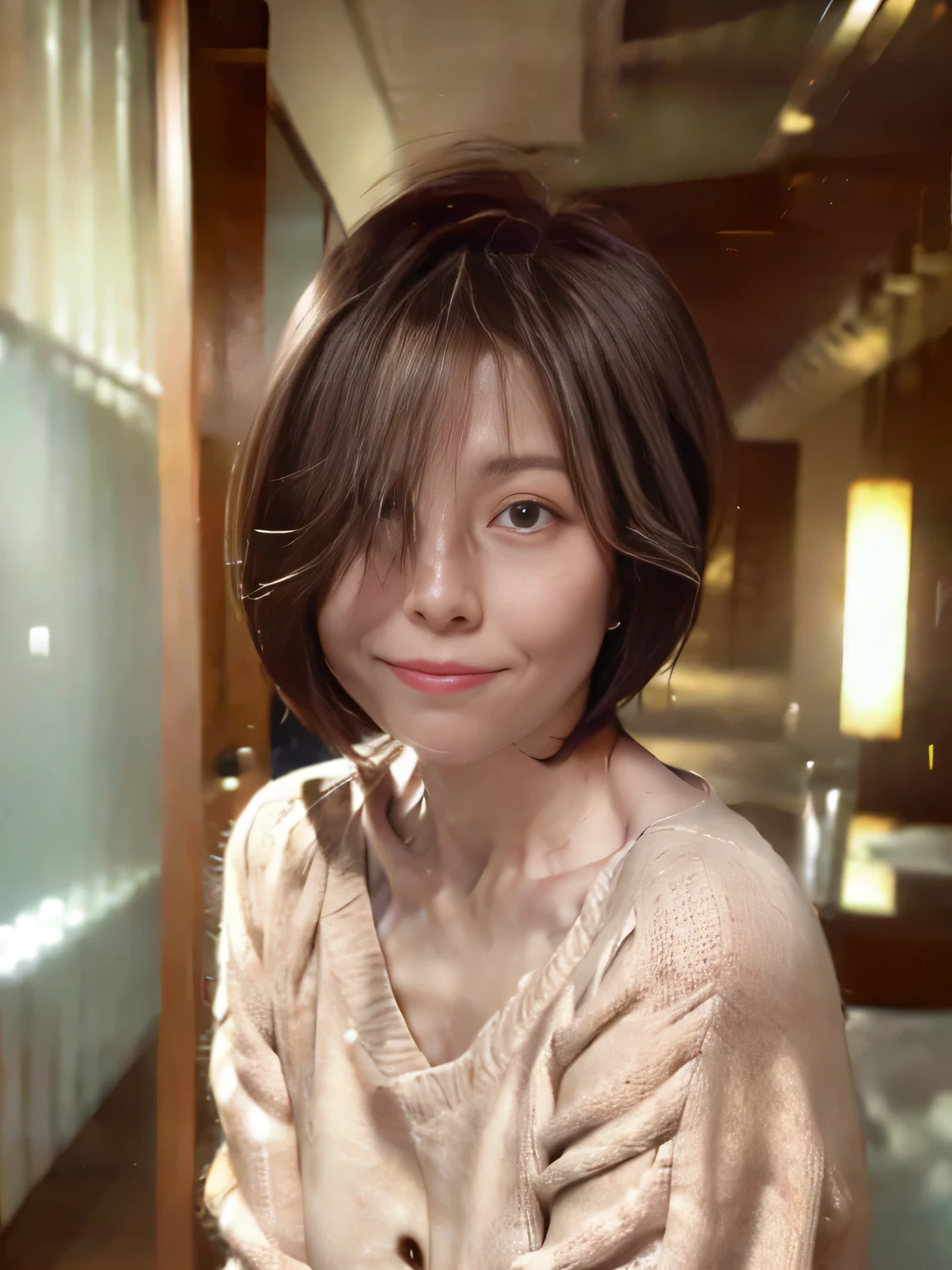 40-year-old Japanese woman、Very beautiful portrait、Short Bob Hair、She is combing her hair with her fingers。Wearing a V-neck summer sweater。Professional Lighting、Creates a sensual look。The background is soft and blurred、
