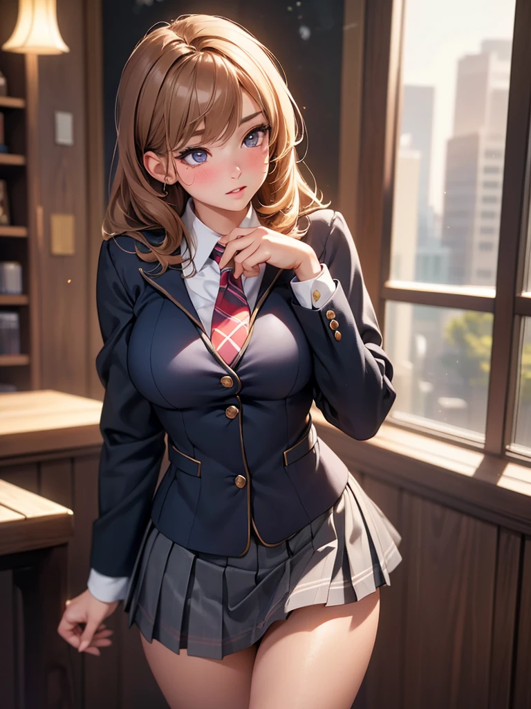 a beautiful school girl, 1girl, blushing, raising her skirt, panty visible, buttocks, detailed face, detailed eyes, detailed lips, long eyelashes, intricate uniform, pleated skirt, thighs, (best quality,4k,8k,highres,masterpiece:1.2),ultra-detailed,(realistic,photorealistic,photo-realistic:1.37),HDR,UHD,studio lighting,ultra-fine painting,sharp focus,physically-based rendering,extreme detail description,professional,vivid colors,bokeh,photorealistic,elegant,cute,charming